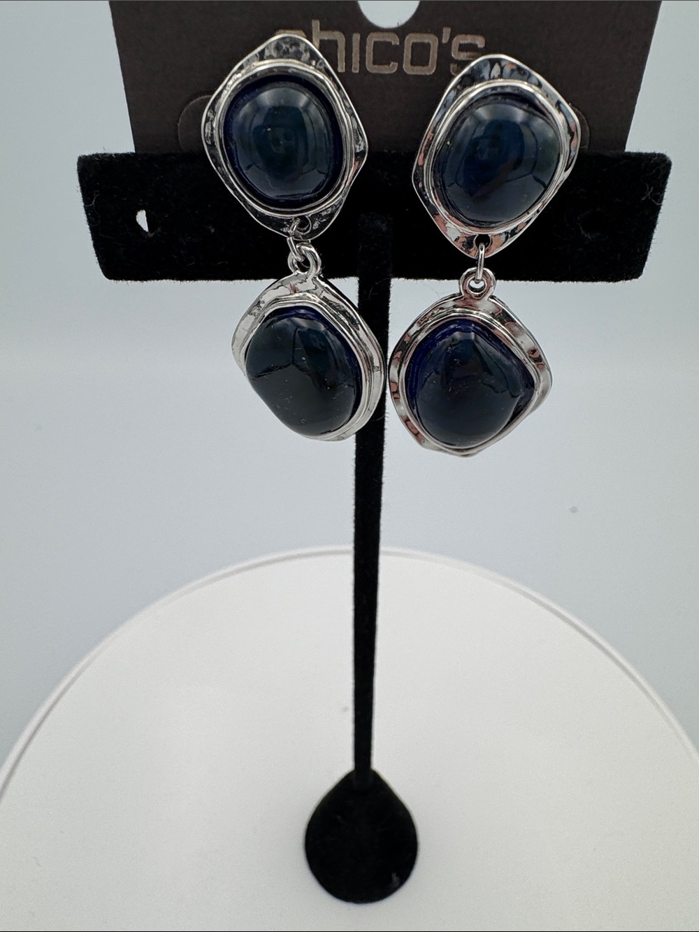 Chico's Silver-Tone Double Drop Earrings with Navy Stones